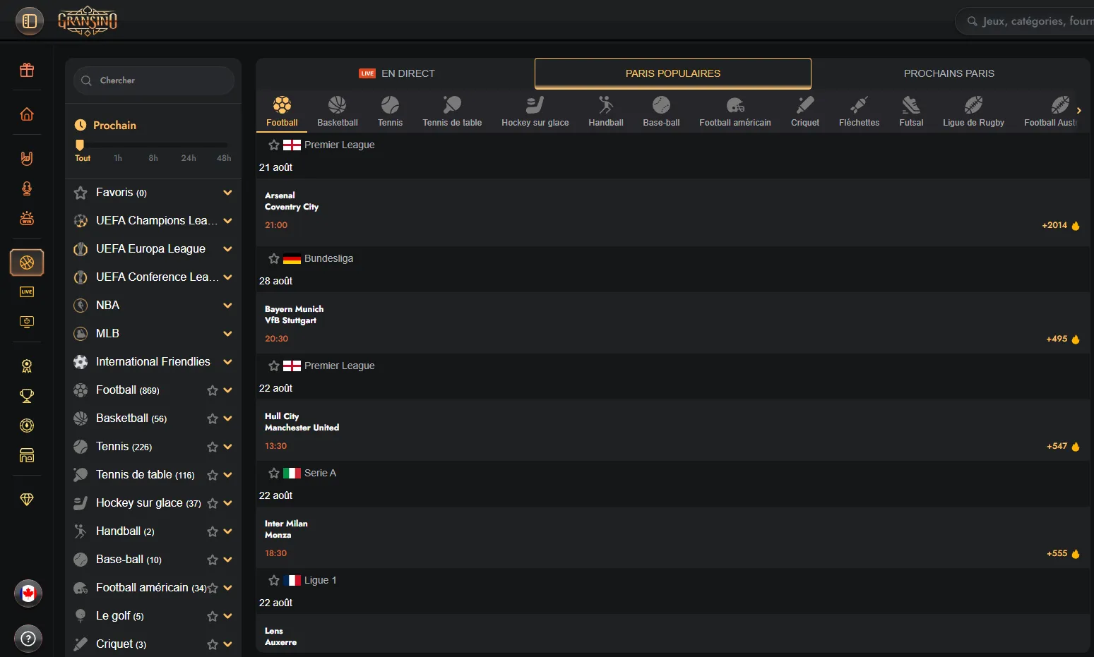 Menu des sports et compétitions disponibles