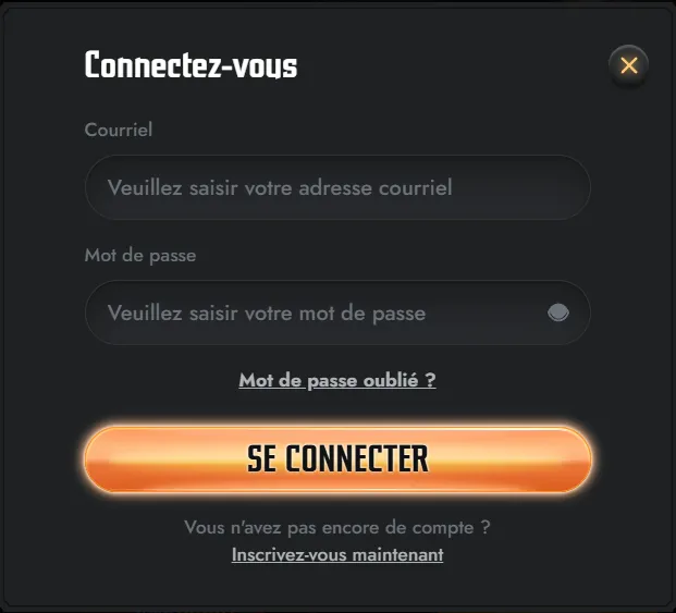 Interface de connexion Gransino sur fond sombre aux accents orange