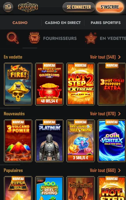 Interface mobile sombre de Gransino