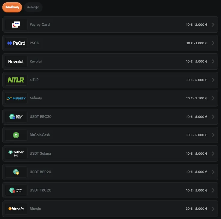 Πληρωμές και αναλήψεις Gransino