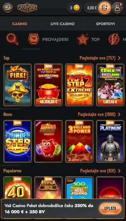 Gransino casino u mobilnom pregledniku
