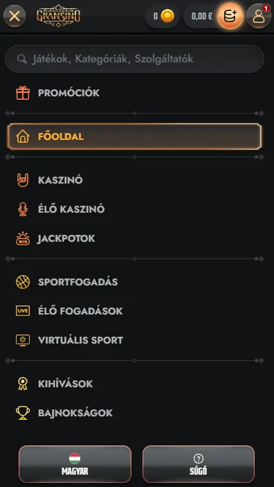 Gransino mobilverzió fiók- és fizetési funkciókkal
