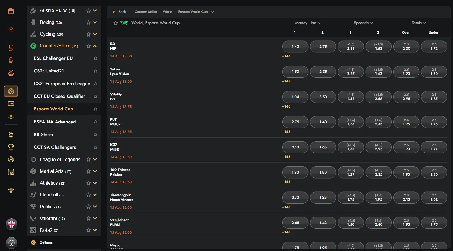 Esports and virtual sports betting menu