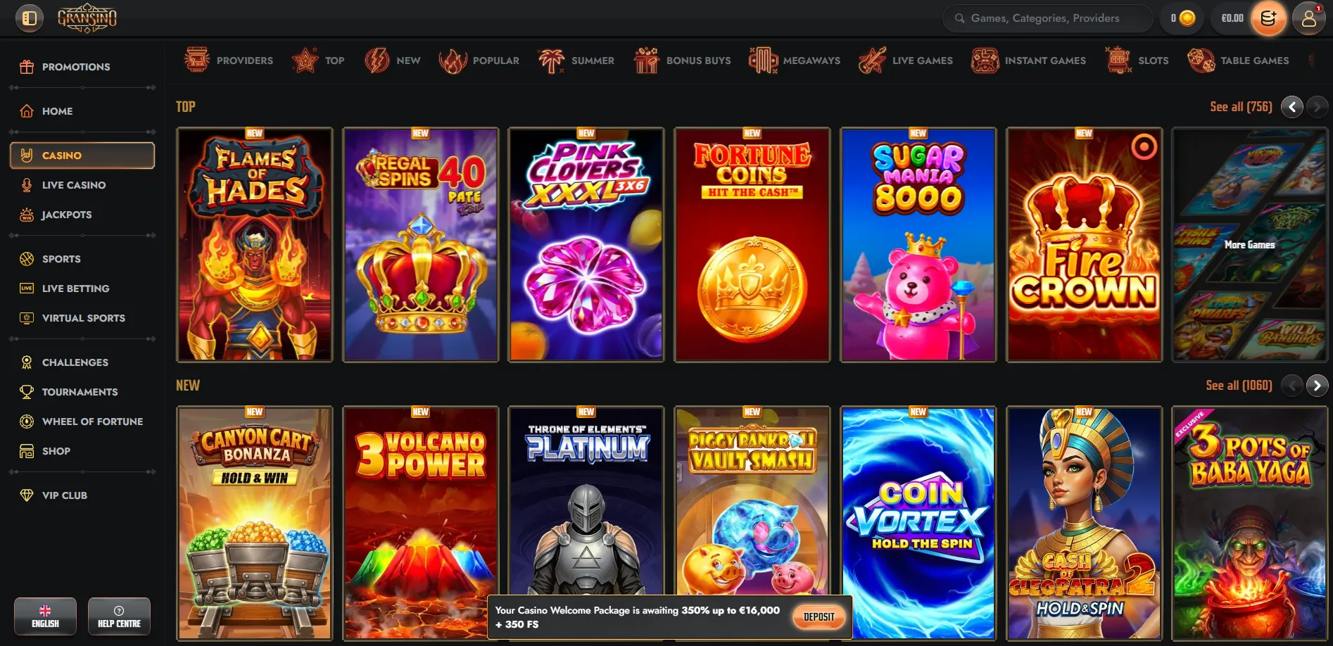 Gransino casino navigation and game category overview