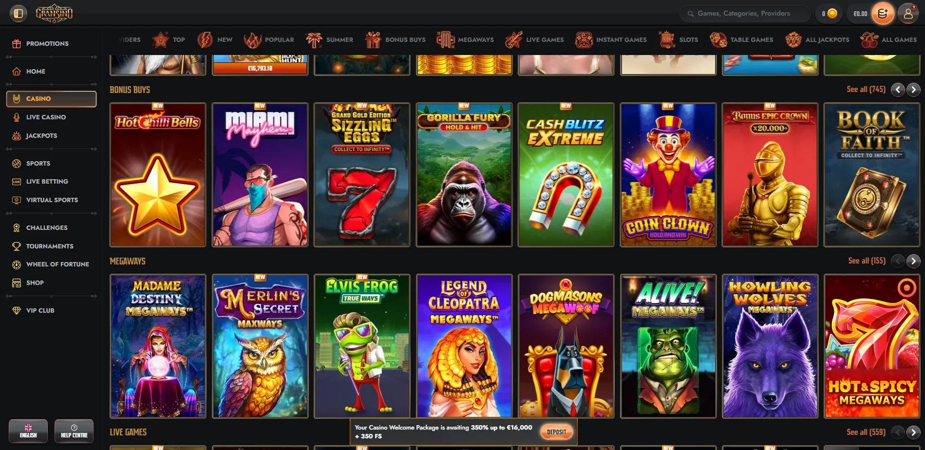 Casino categories for slots and Megaways games