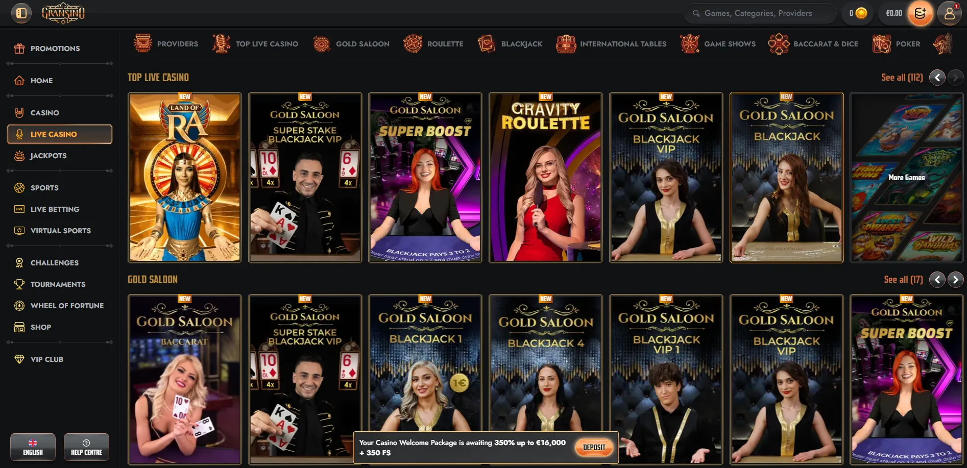 Gransino live casino tables including roulette and blackjack