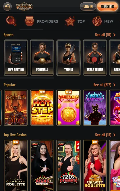 Gransino mobile casino and sportsbook interface preview