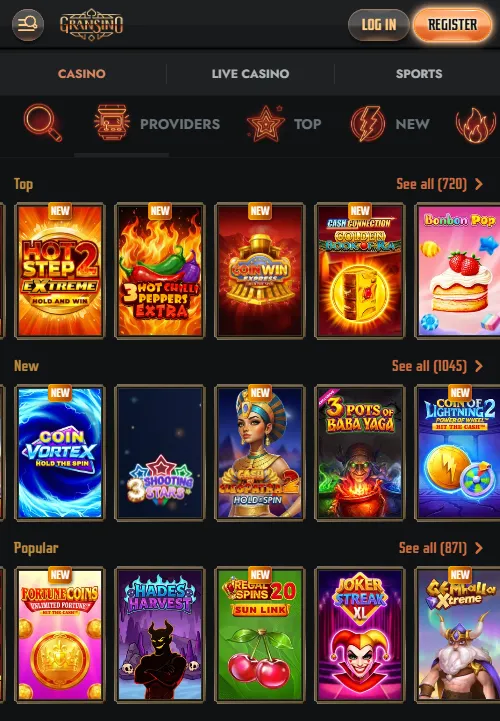 Gransino casino on a mobile browser