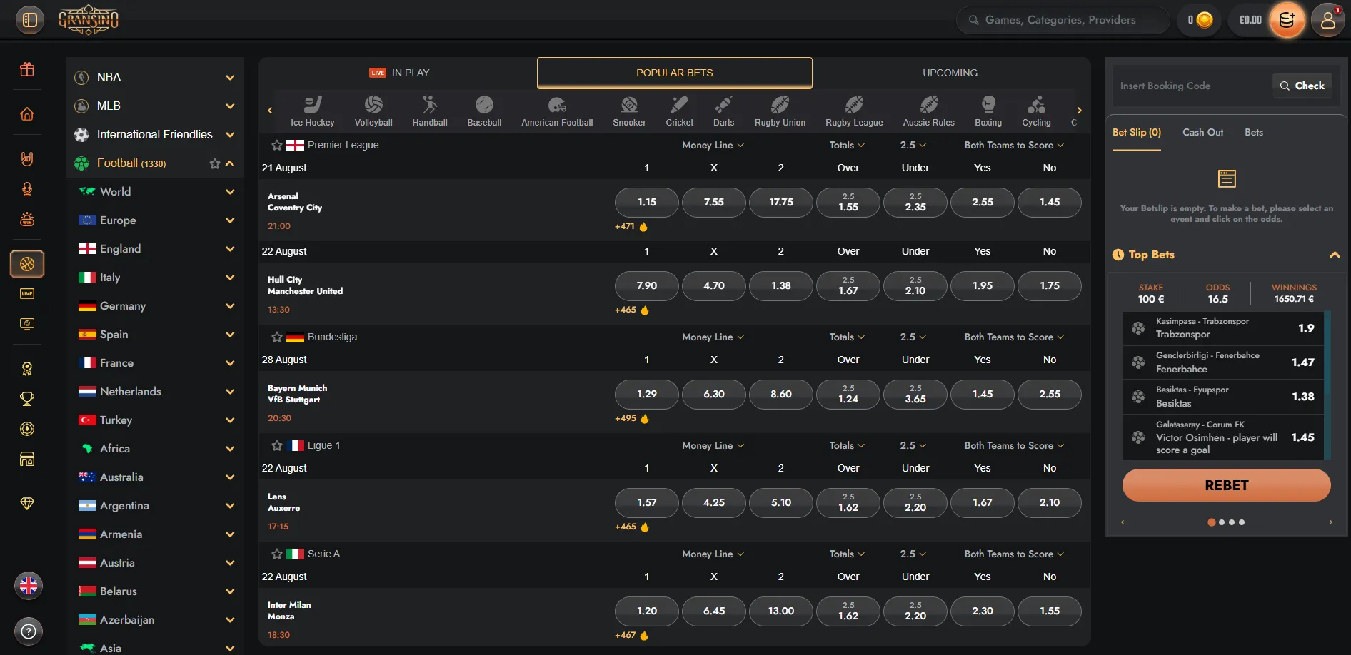 Football betting menu with leagues and markets