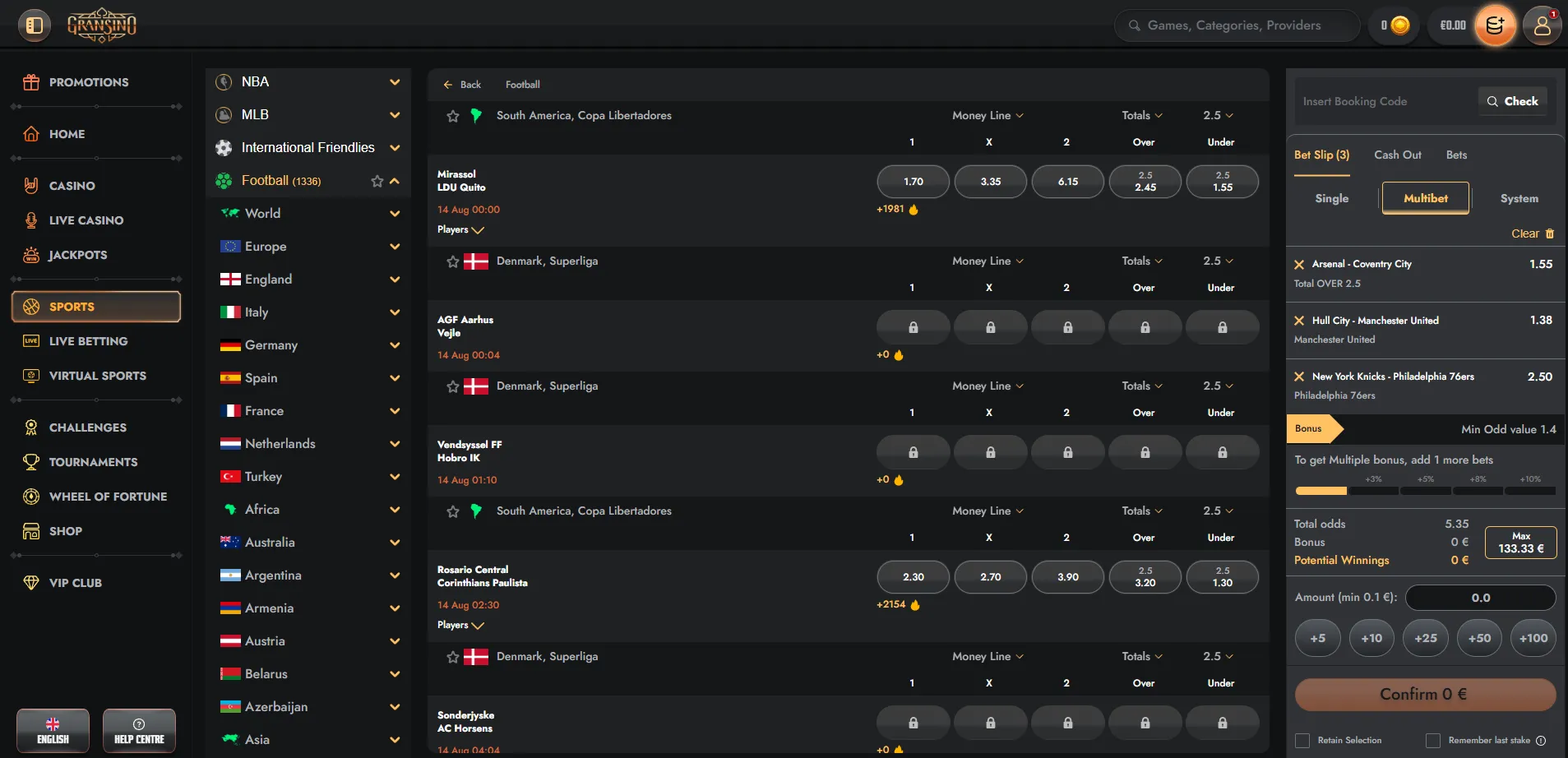 Sports betting screen with odds and fixtures