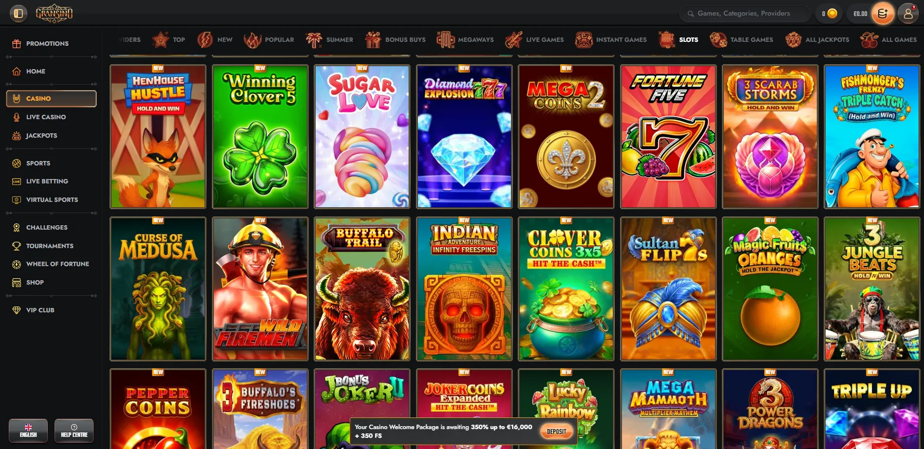 Gransino slots displayed in casino categories