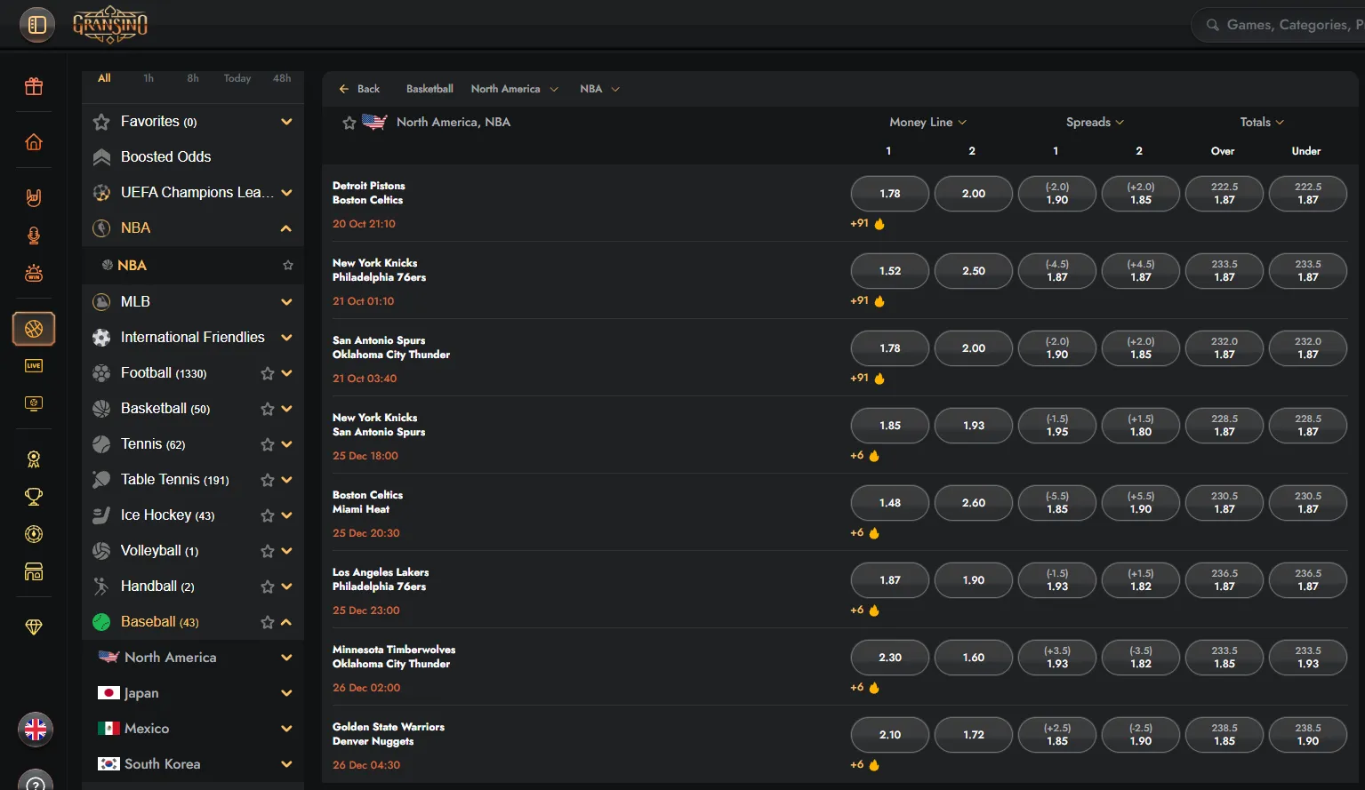 Live betting menu showing changing event odds