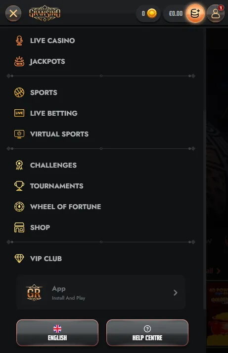 Gransino mobile features and account access overview
