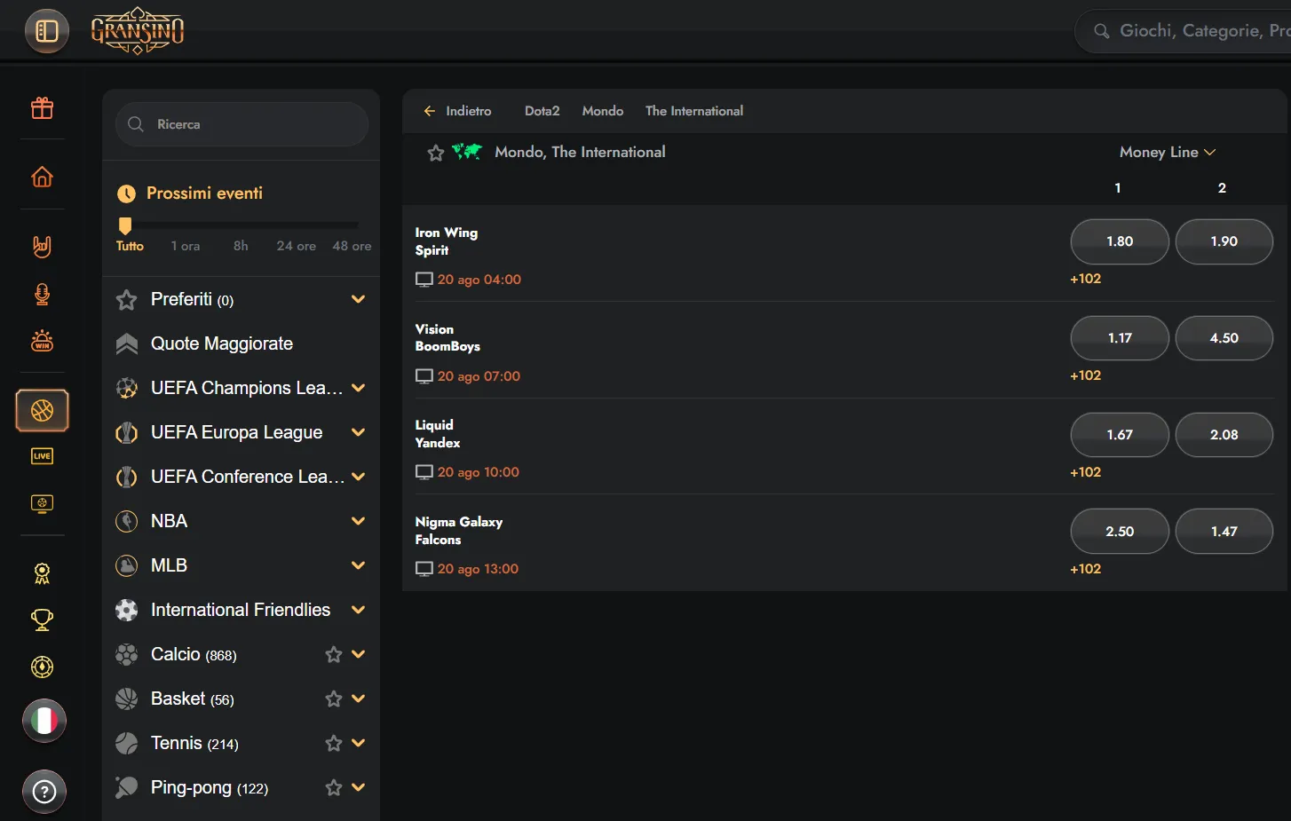 Menu delle discipline disponibili nel bookmaker Gransino