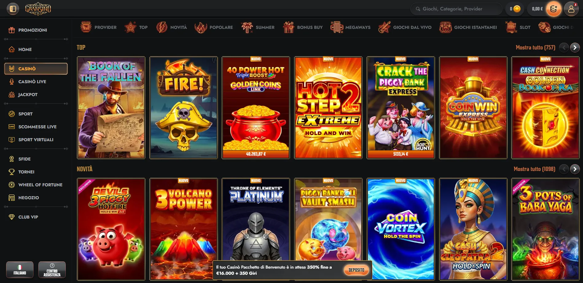 Categorie e sezioni della lobby casino Gransino