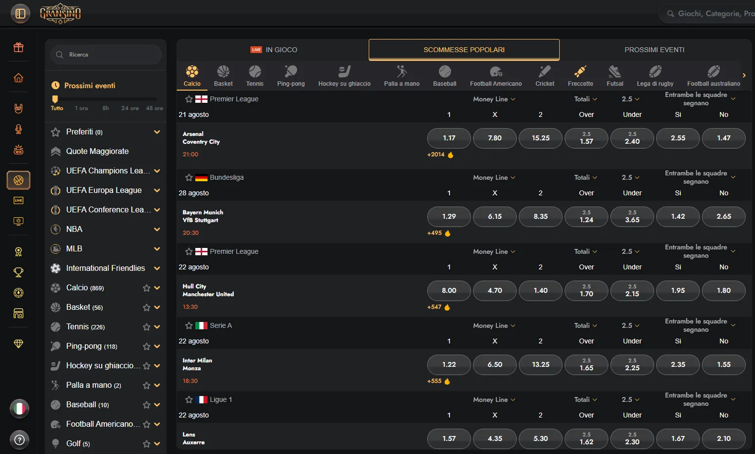 Menu Gransino con sezioni dedicate allo sport