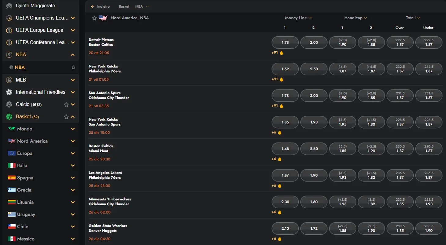 Navigazione tra quote pre-match, live e virtuali