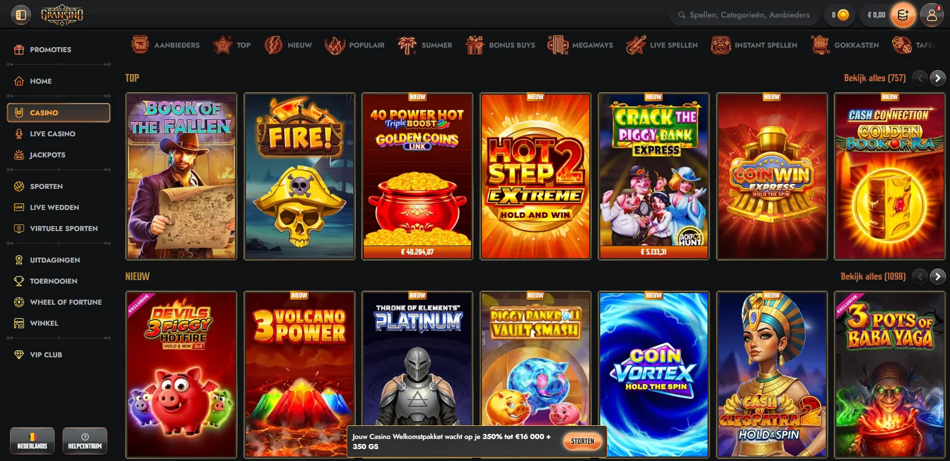 Casino-lobby van Gransino met spelcategorieën