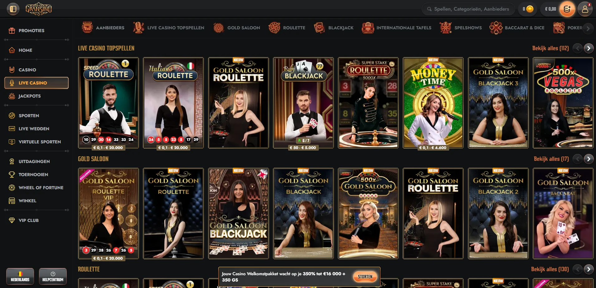 Livecasinotafels en spelshows bij Gransino
