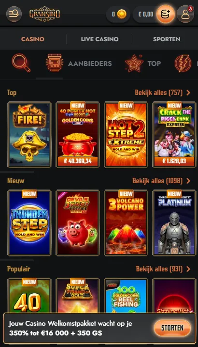 Gransino casino in mobiele browser