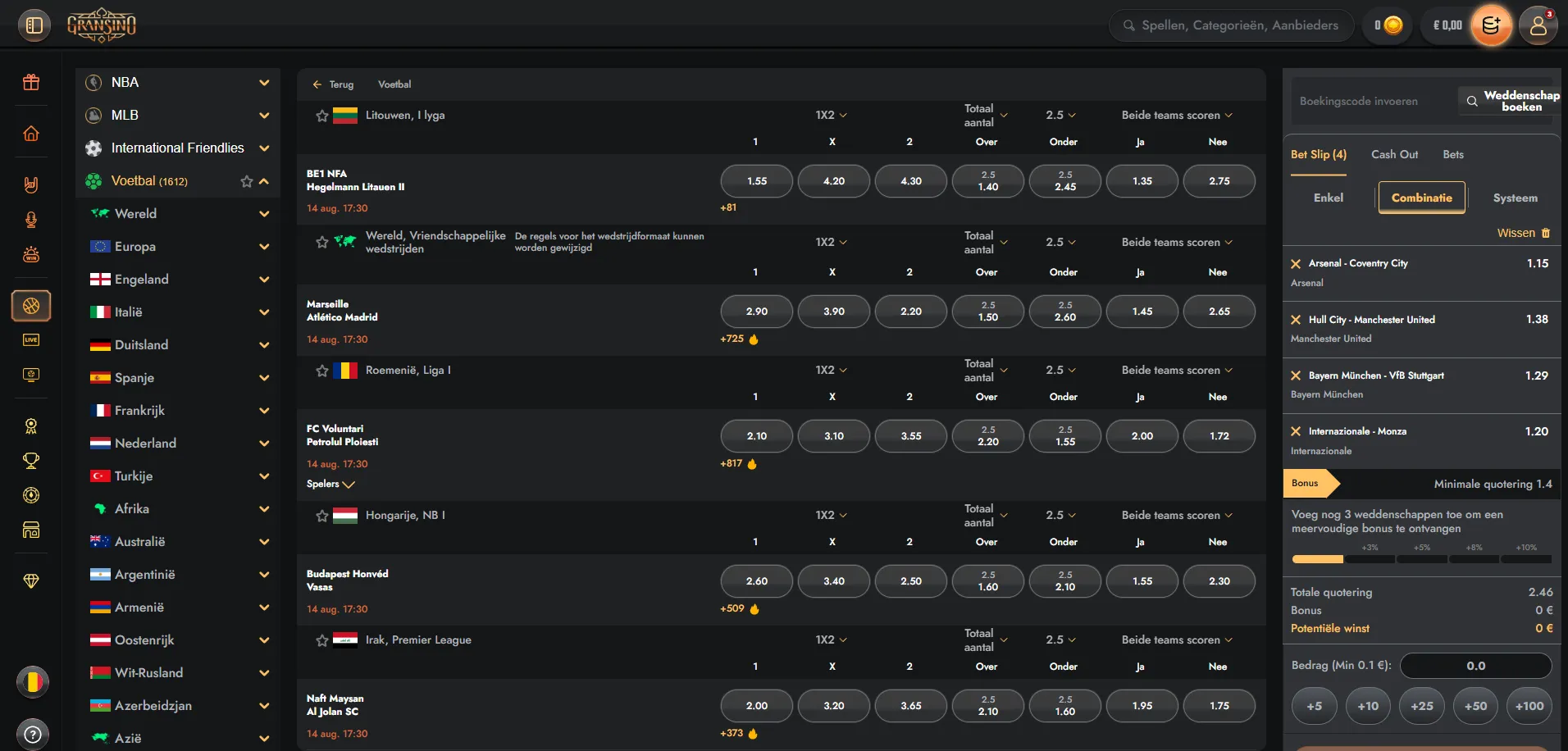 Overzicht van Gransino Sportsbook en beschikbare wedopties