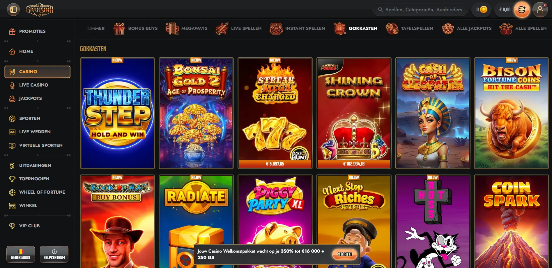 Slotcategorieën en spellen bij Gransino