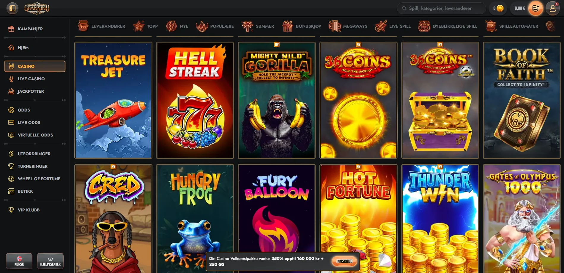 Gransino casino med spilleautomater og livebord