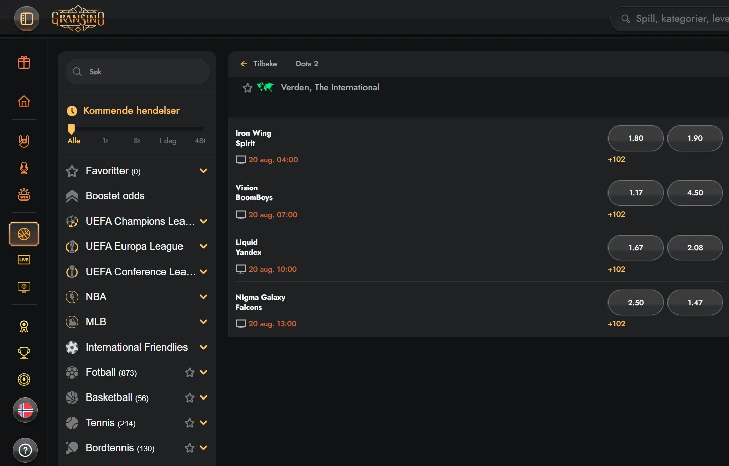 E-sport og virtuelle sportsgrener med tilgjengelige odds