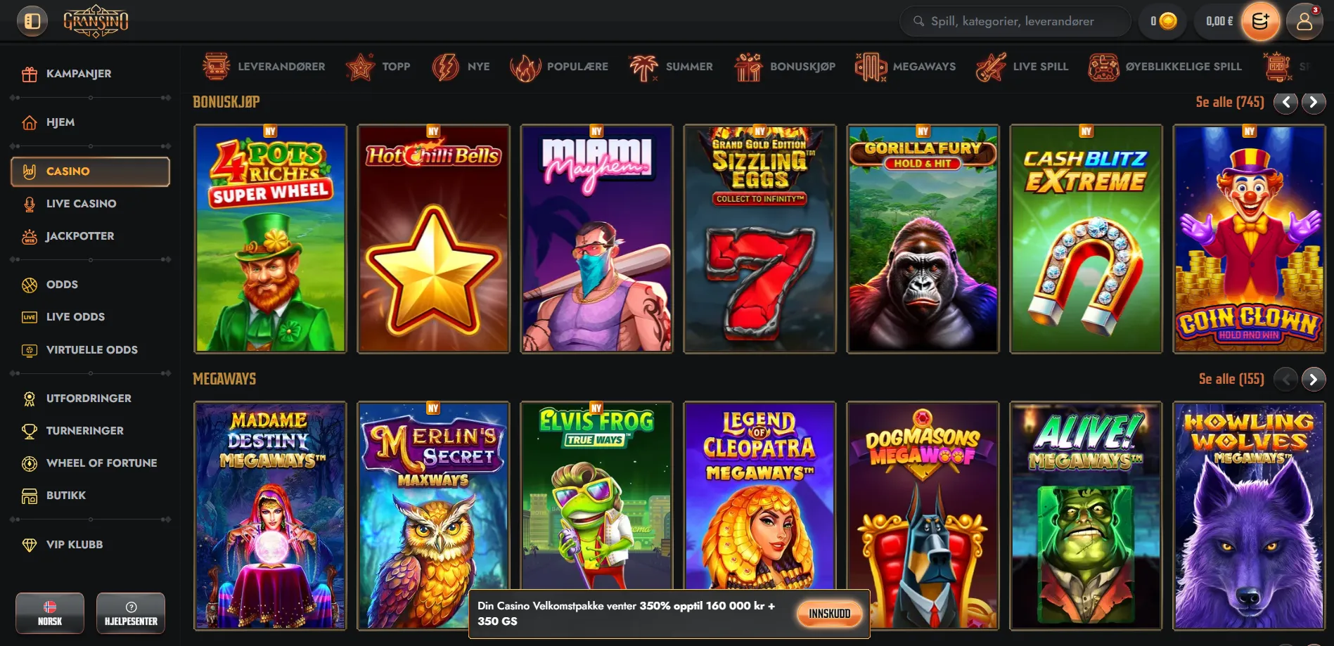 Kategorier for casino og jackpotspill