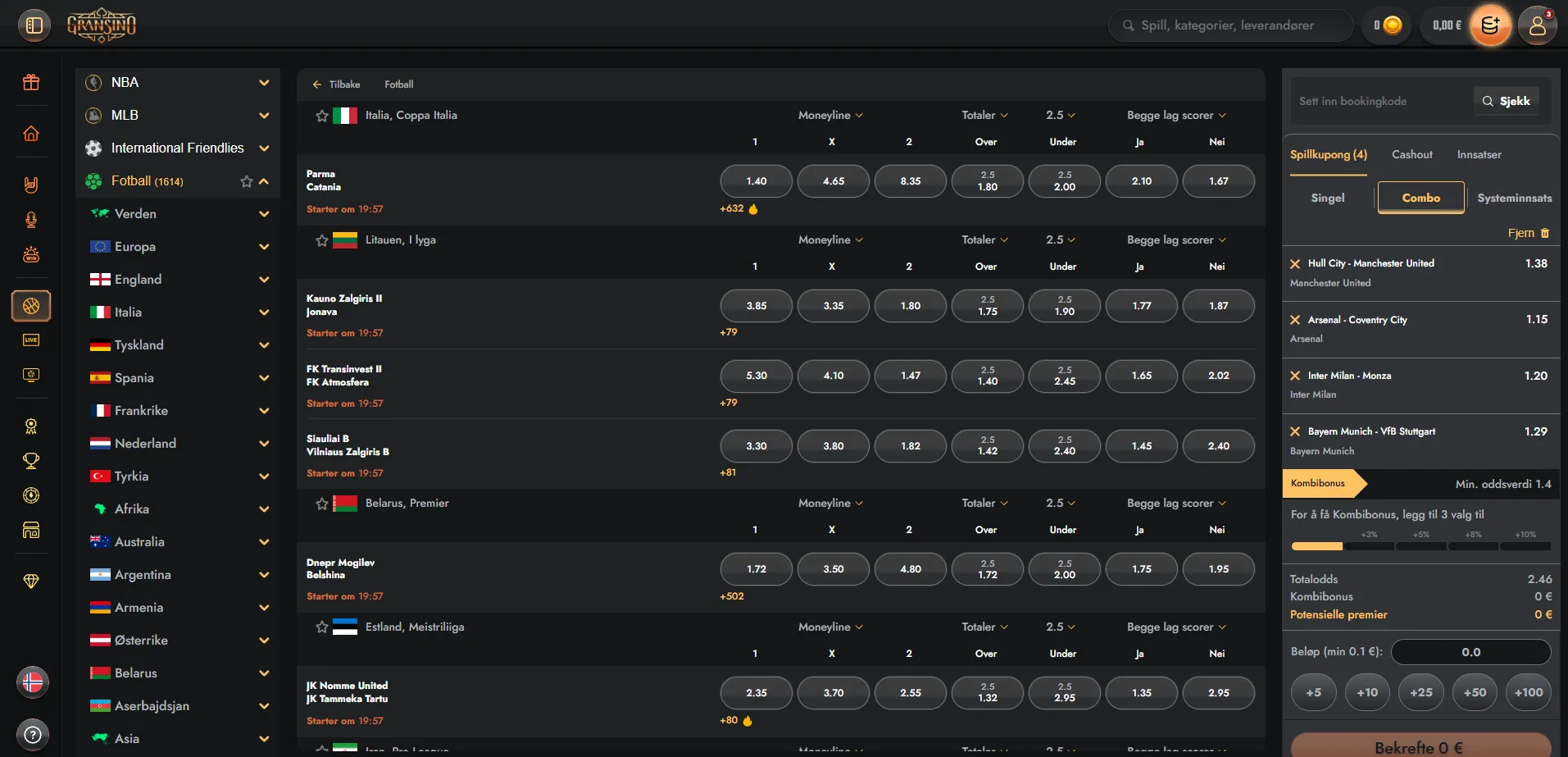 Gransino Sportsbook med odds før kamp og live