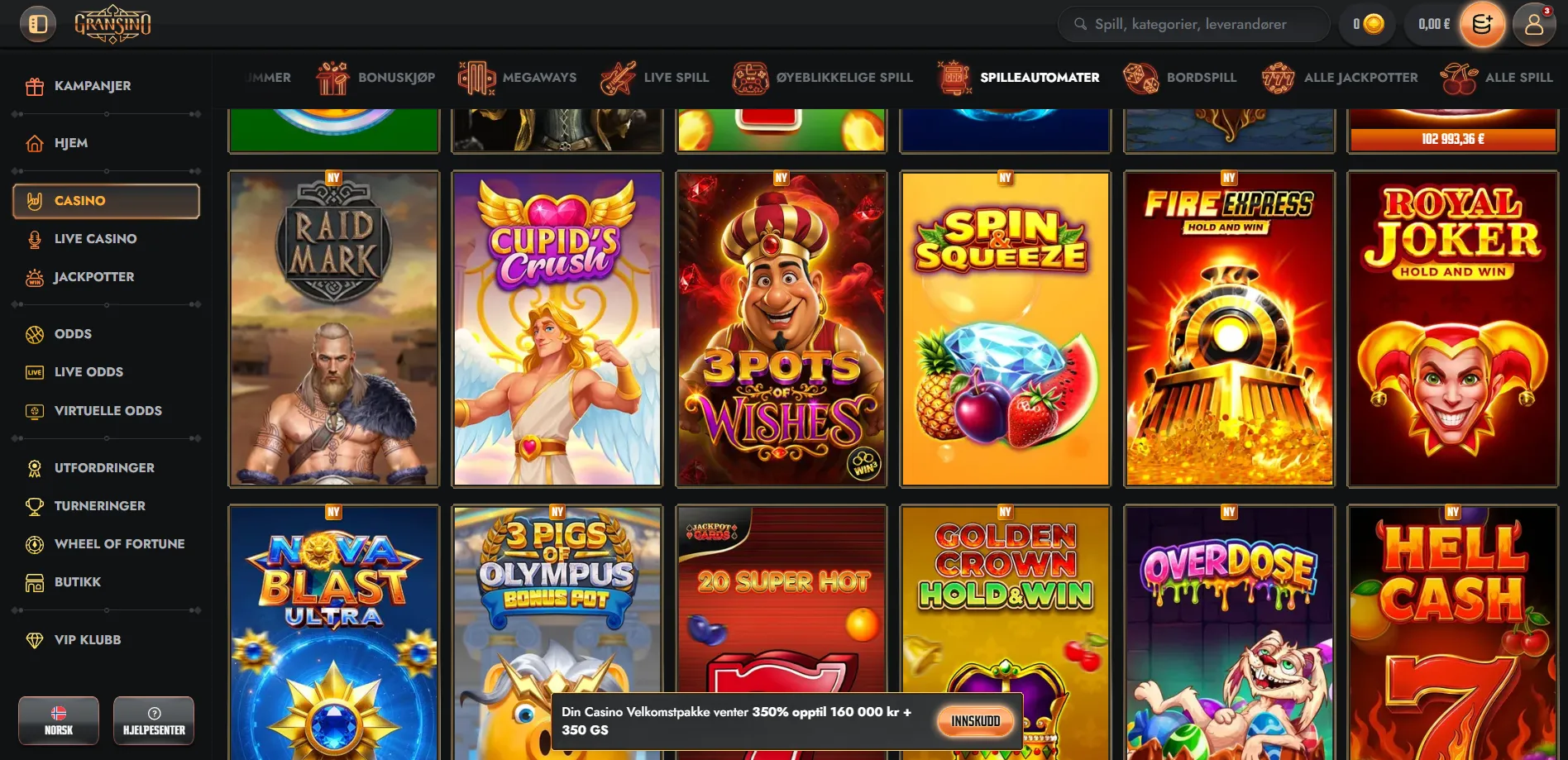 Utvalg av spilleautomater hos Gransino casino