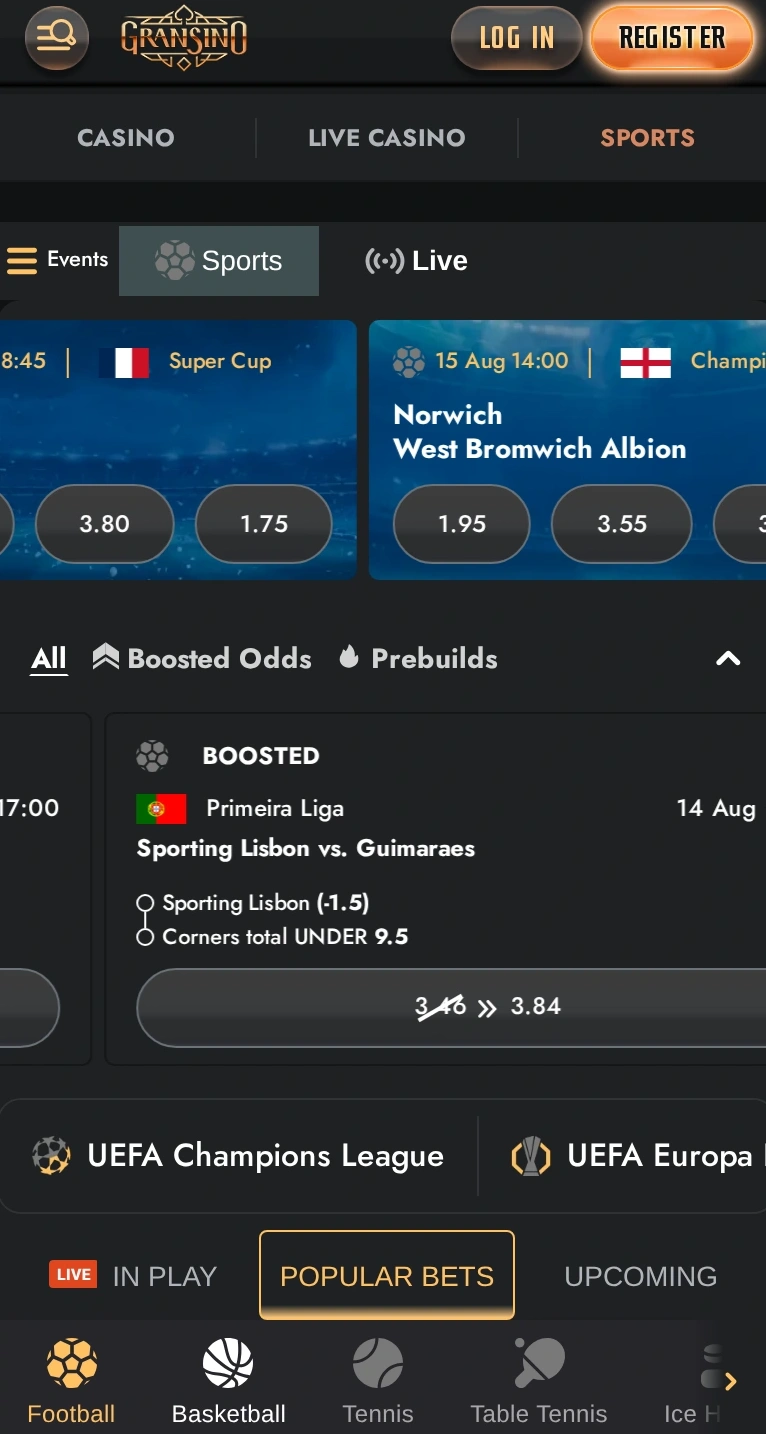 Mobile browser access to Gransino casino and sportsbook