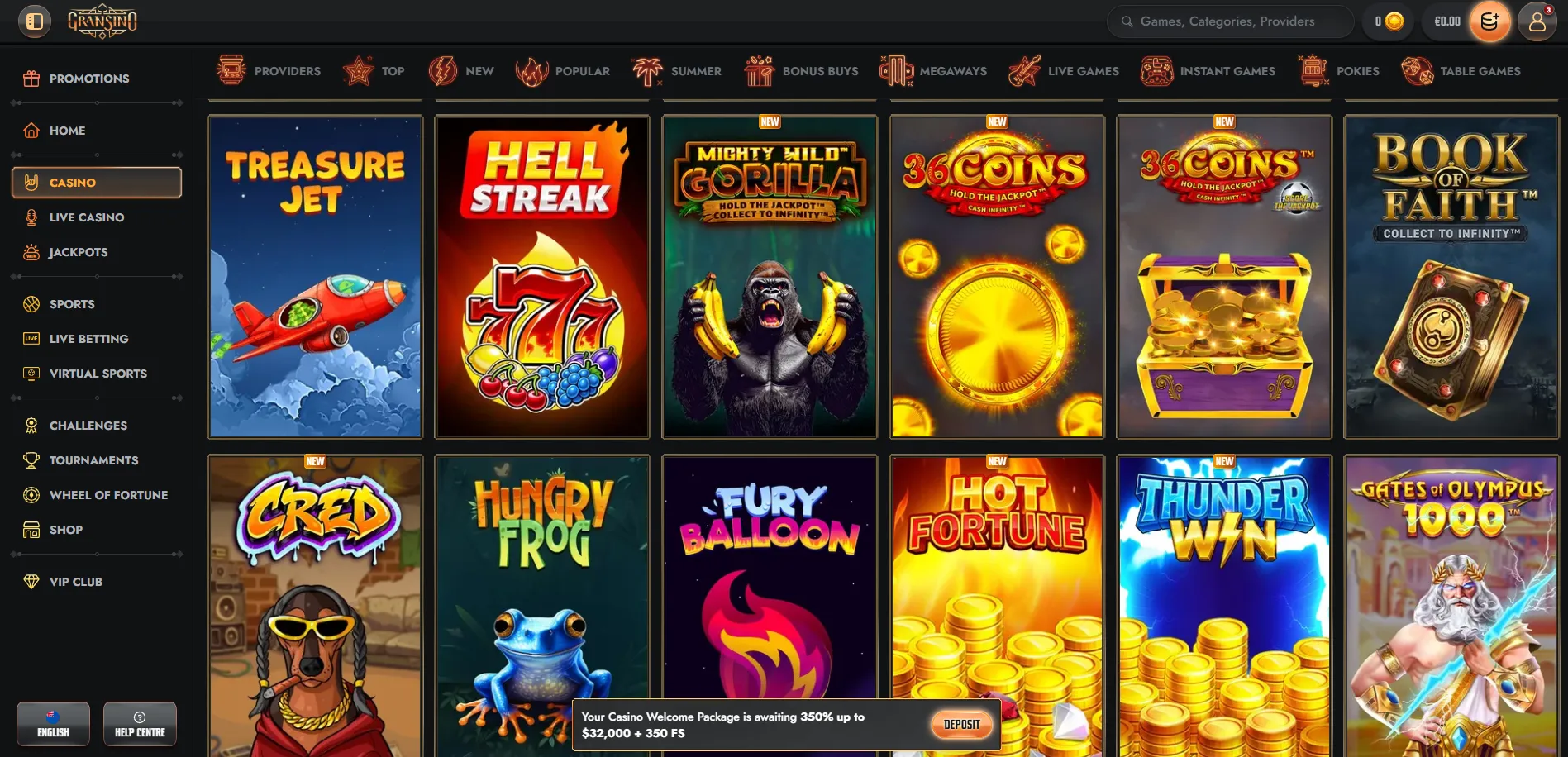 Gransino casino lobby with games and categories