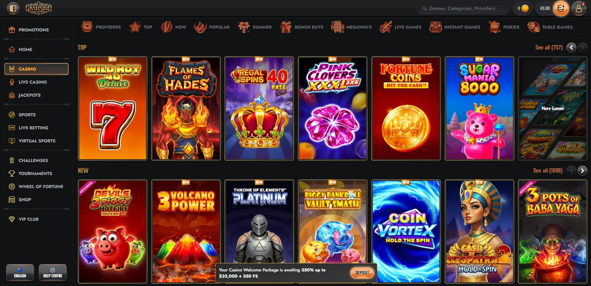 Gransino casino categories for slots and live games