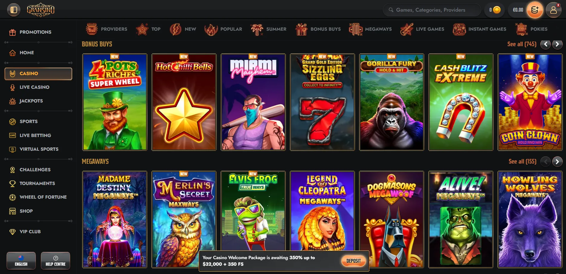 Gransino jackpot, instant and table game categories