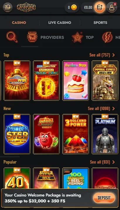 Gransino casino in a mobile browser