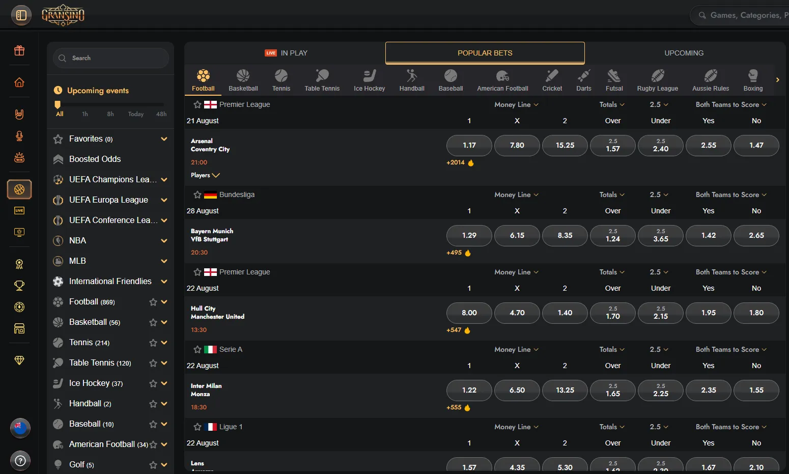 Football betting menu with fixtures and markets