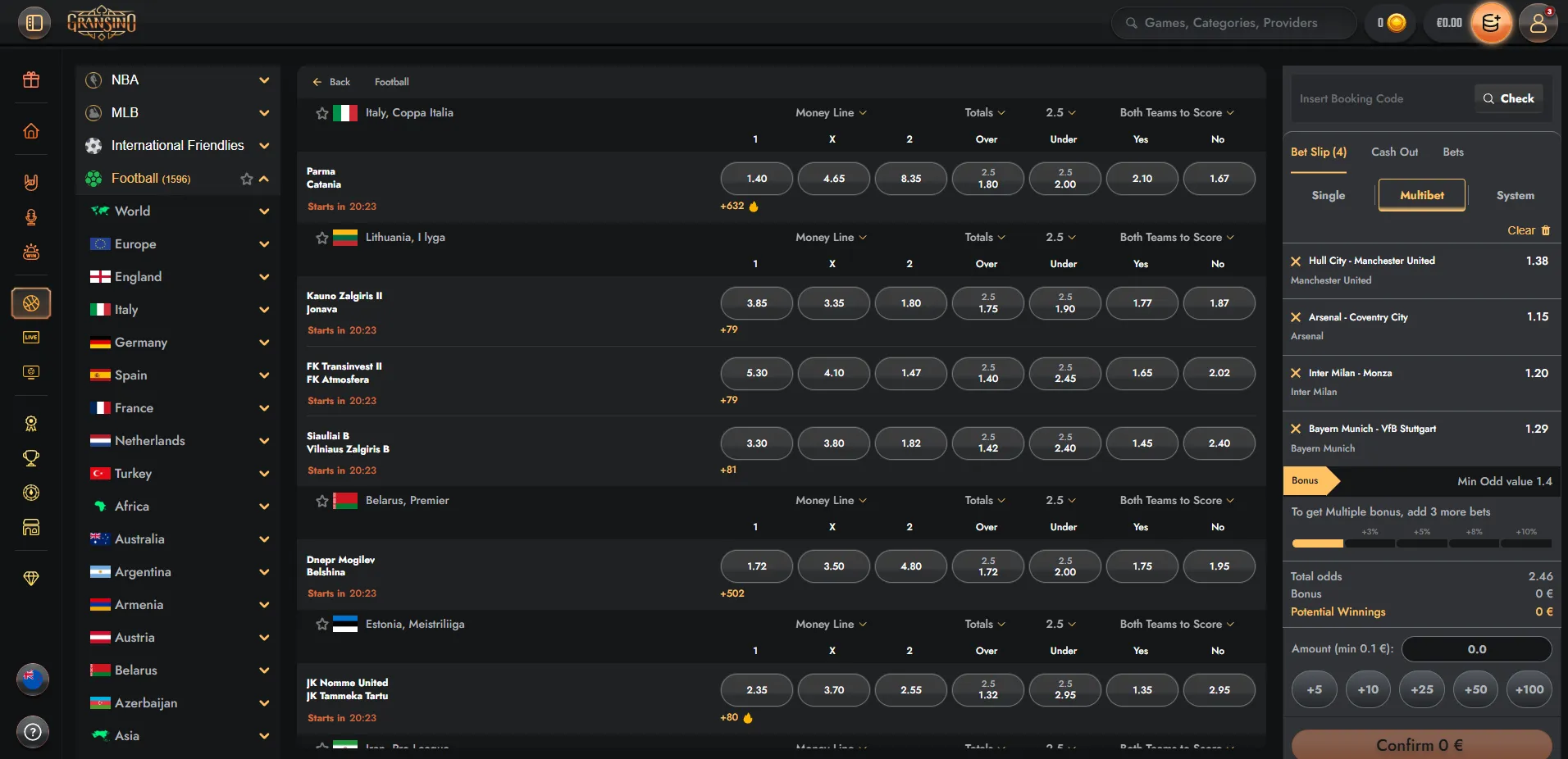Sports betting markets and live odds at Gransino