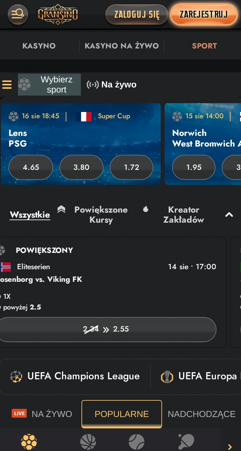 Ekran mobilnej strony Gransino z nawigacją boczną