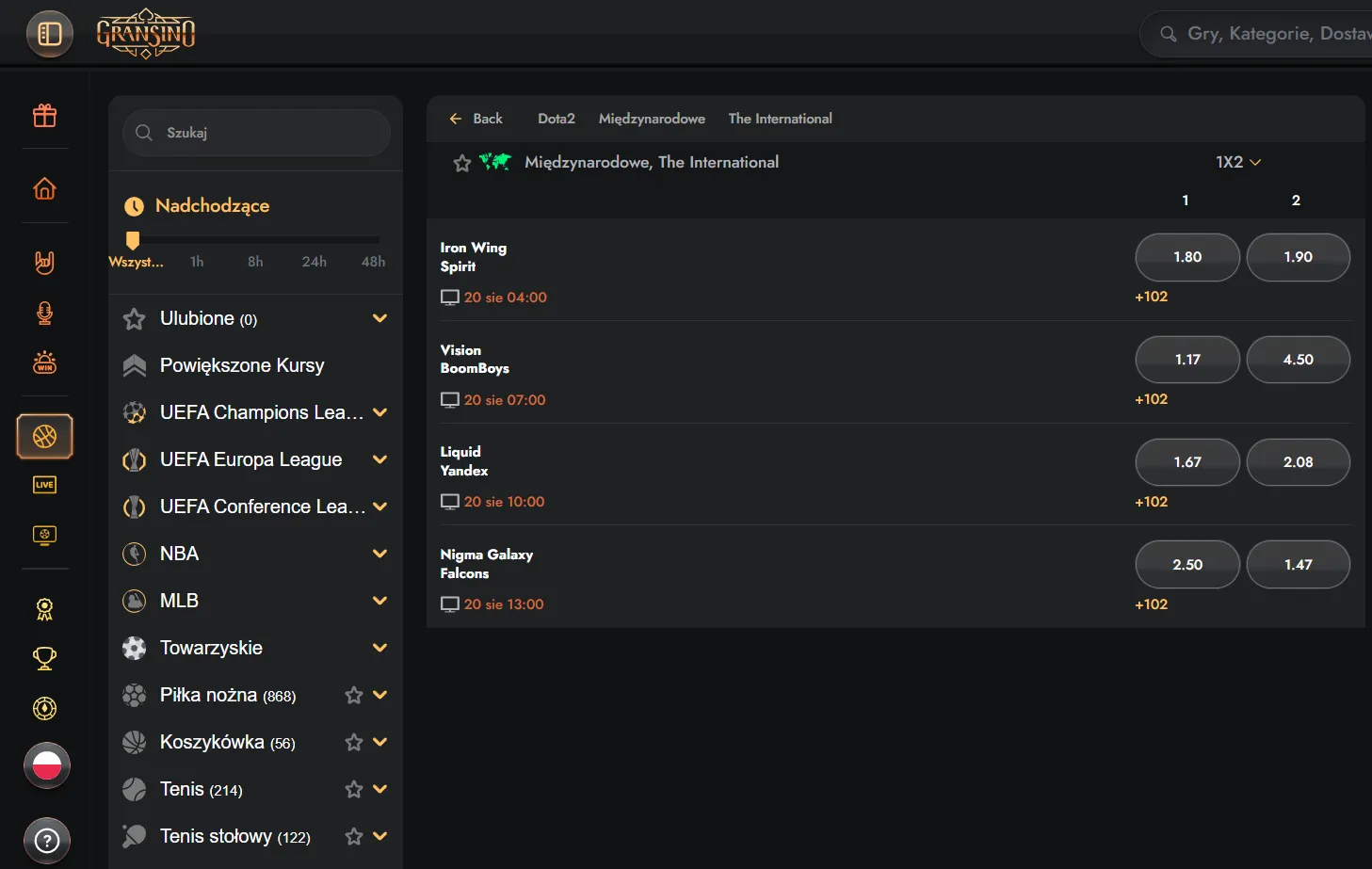 Menu sportów, e-sportu i sportów wirtualnych