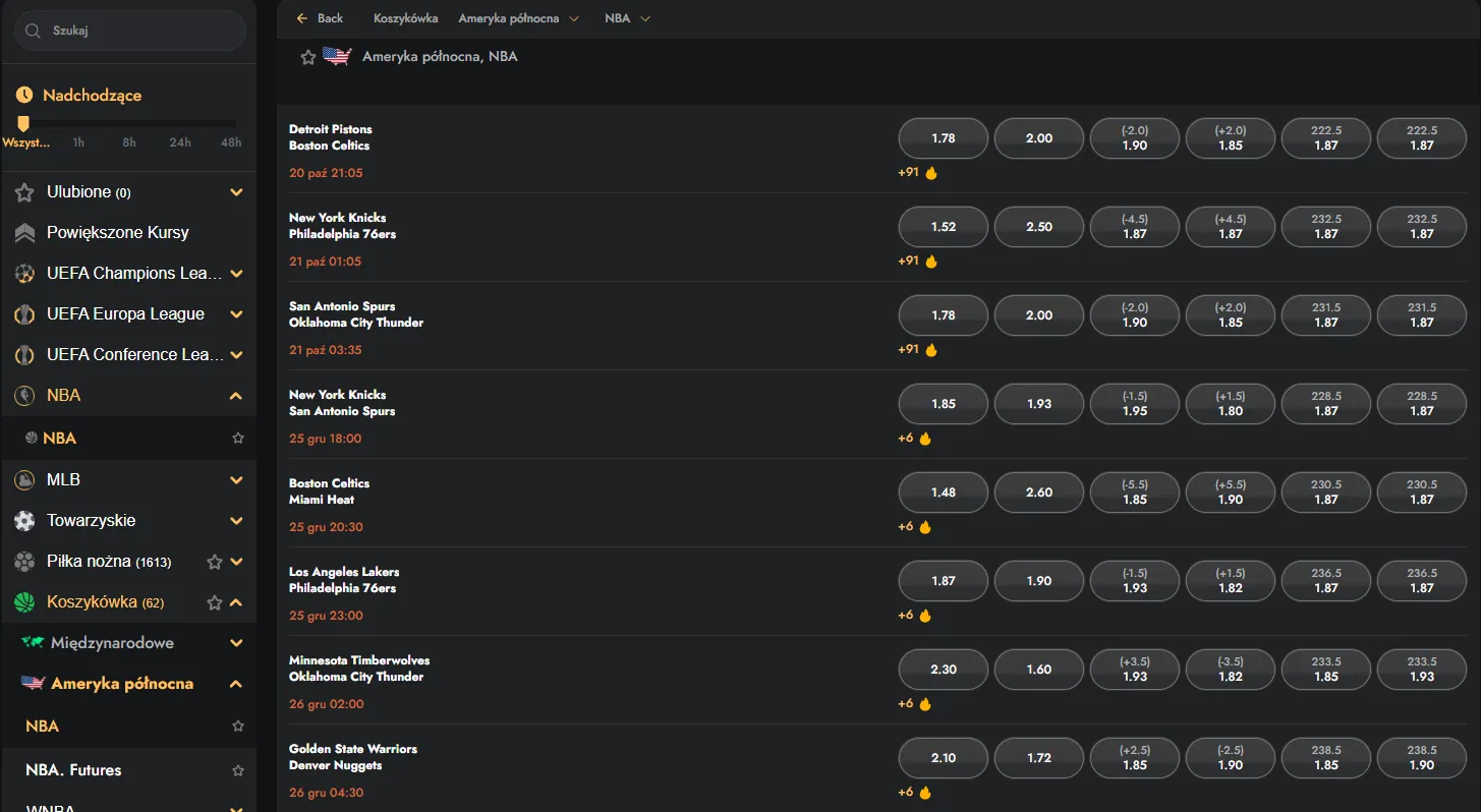 Menu sportów z ofertą zakładów na żywo
