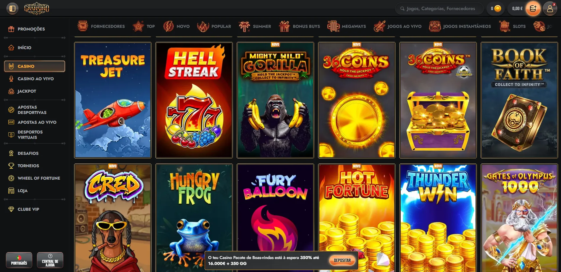 Interface escura do casino Gransino com jogos