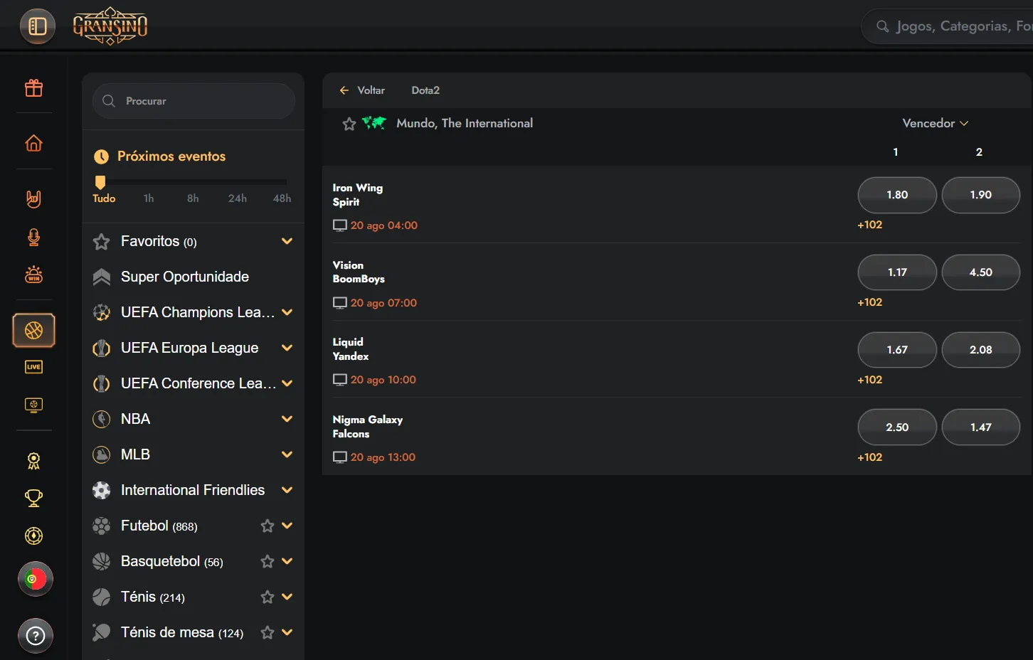 Menu de eSports e apostas virtuais Gransino