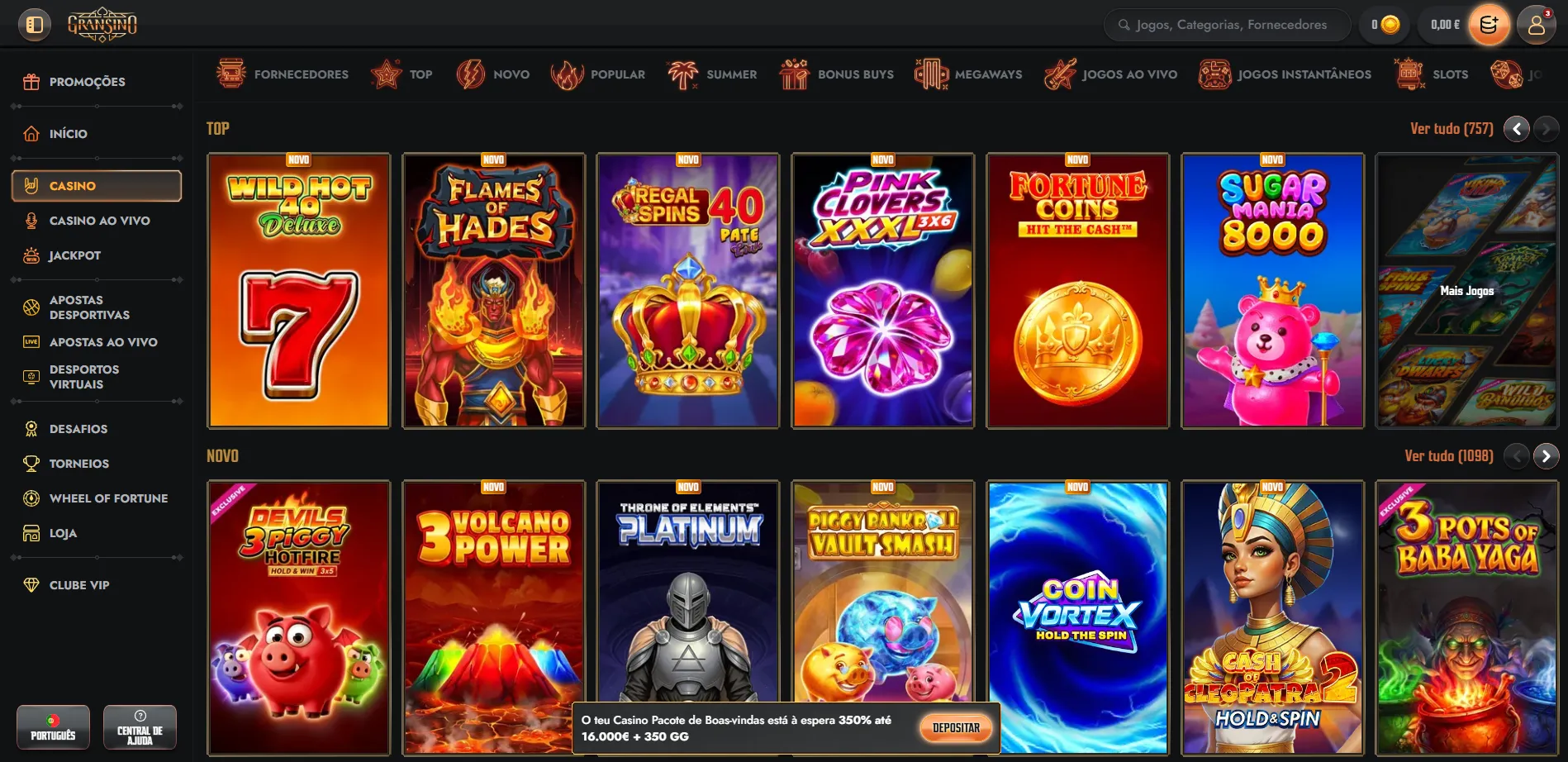Categorias de jogos no lobby do Gransino