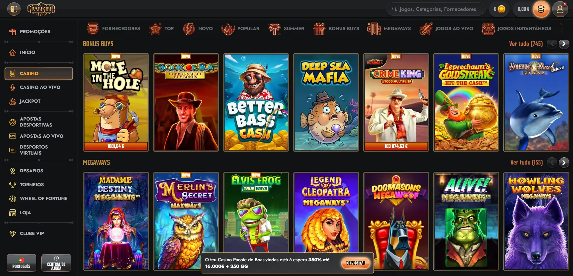 Categorias de slots disponíveis no Gransino