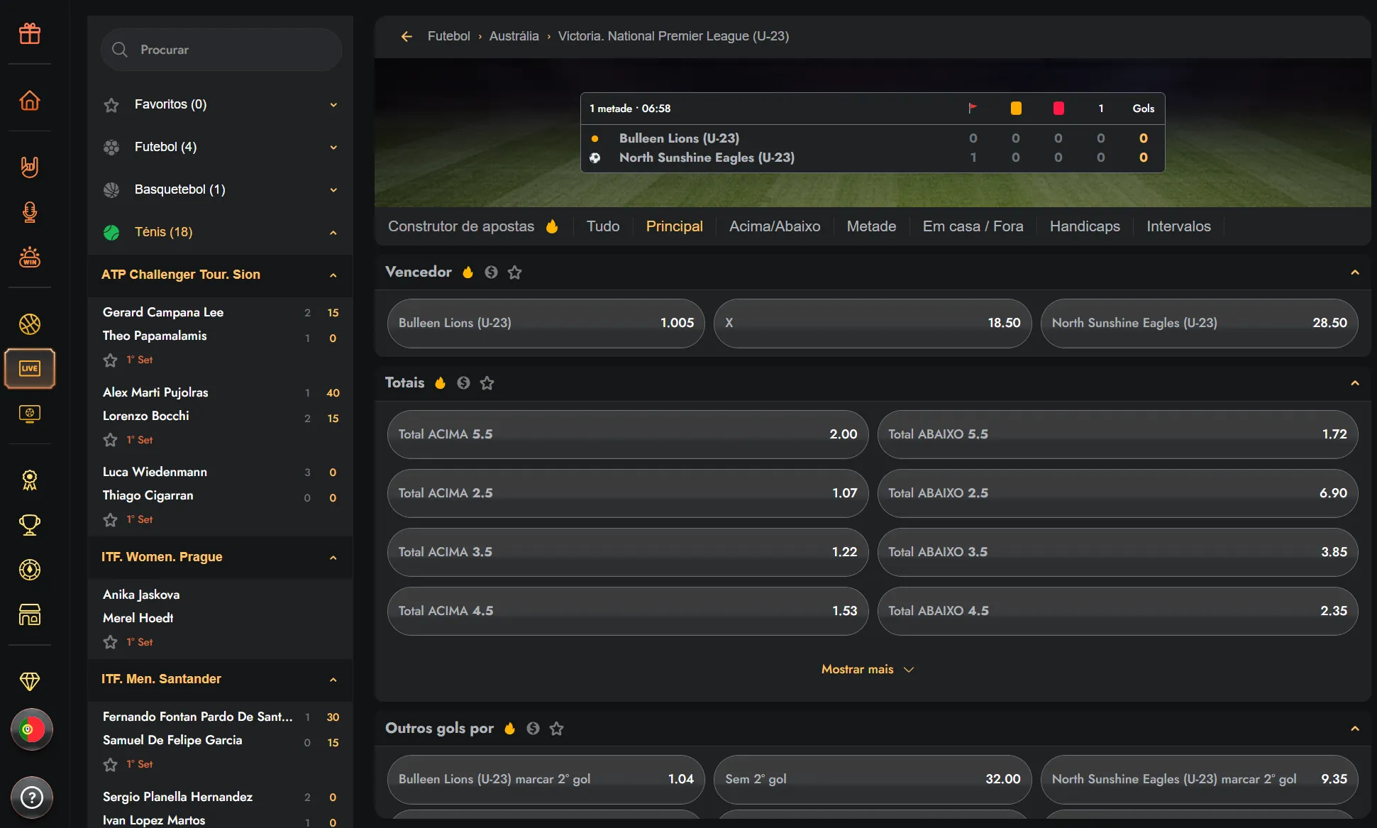 Odds ao vivo para eventos desportivos no Gransino
