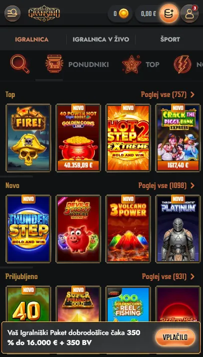 Gransino casino v mobilnem brskalniku